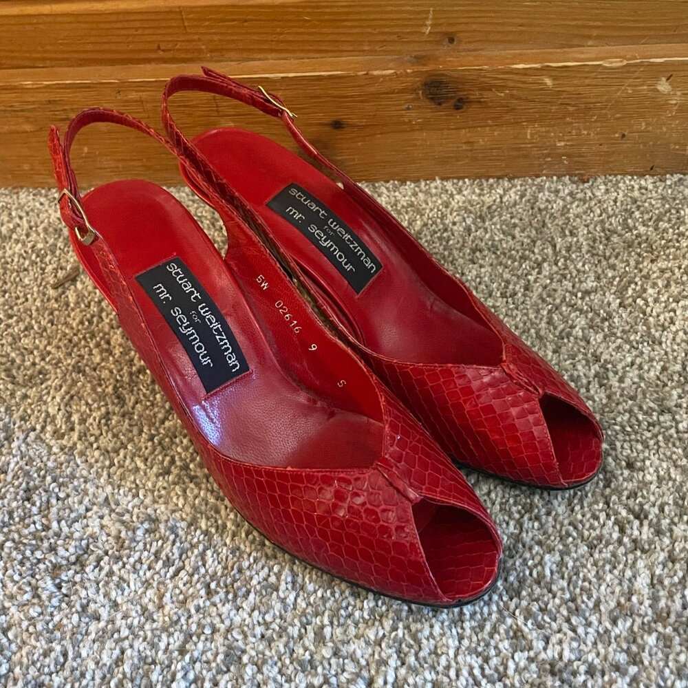 Stuart Weitzman Red Snakeskin Heels 5 W - image 1